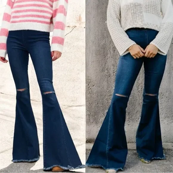 HomeFolk/L&B Dark Wash Distressed Knee Flare Jeans NWT - Picture 4 of 14